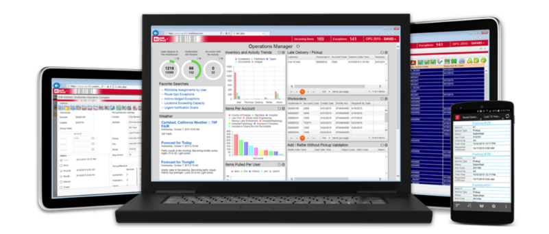 An image of computer devices with O'Neill records management software on the screen